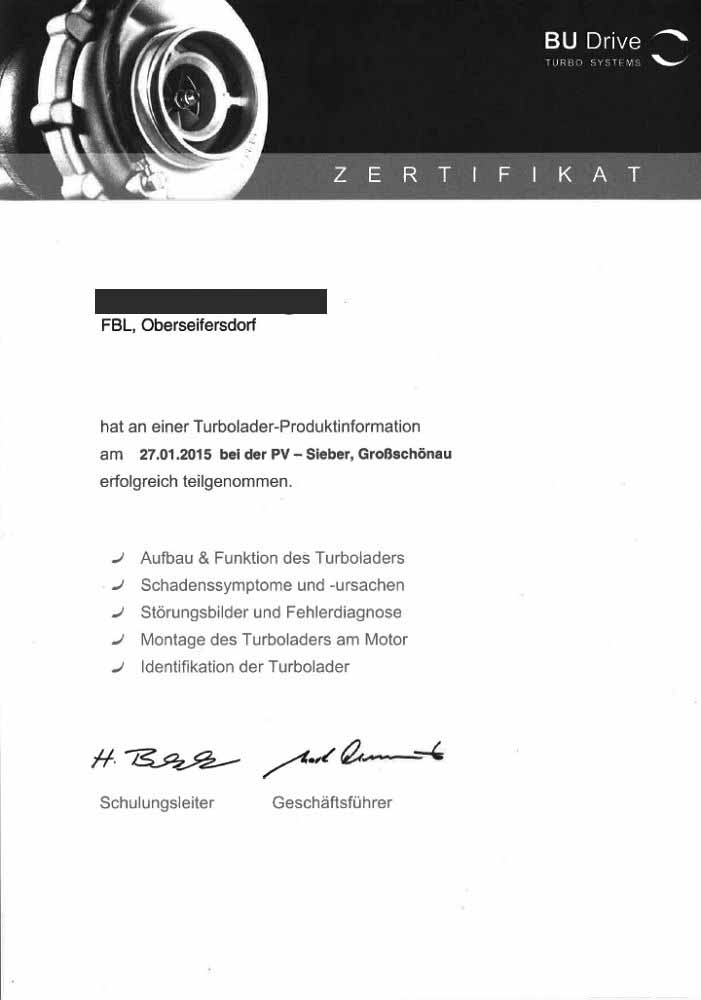 Zertifikat Turbolader - Markus Fiebig